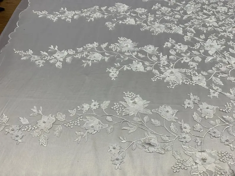 Handmade 3D Flowers Embroidered Beads And Pearls Beaded Mesh Lace Fabric